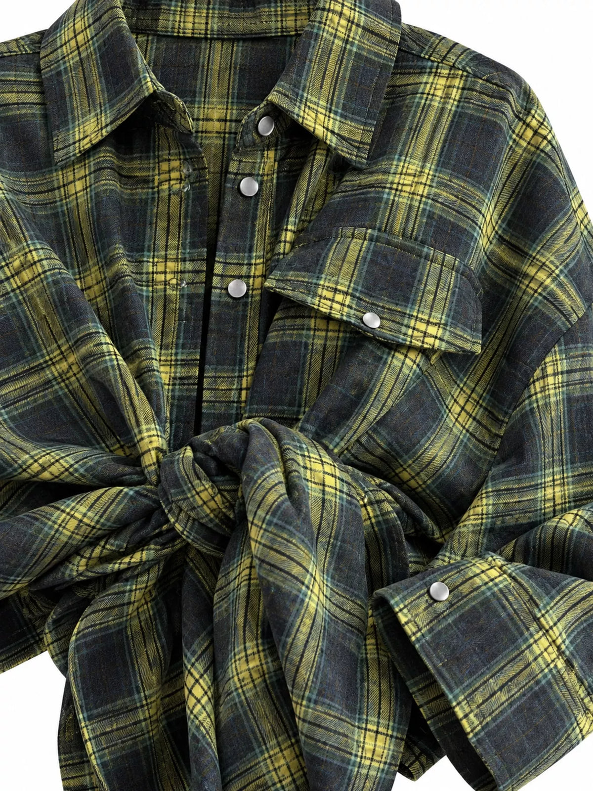 Dark Green plaid button up shirt, detail view