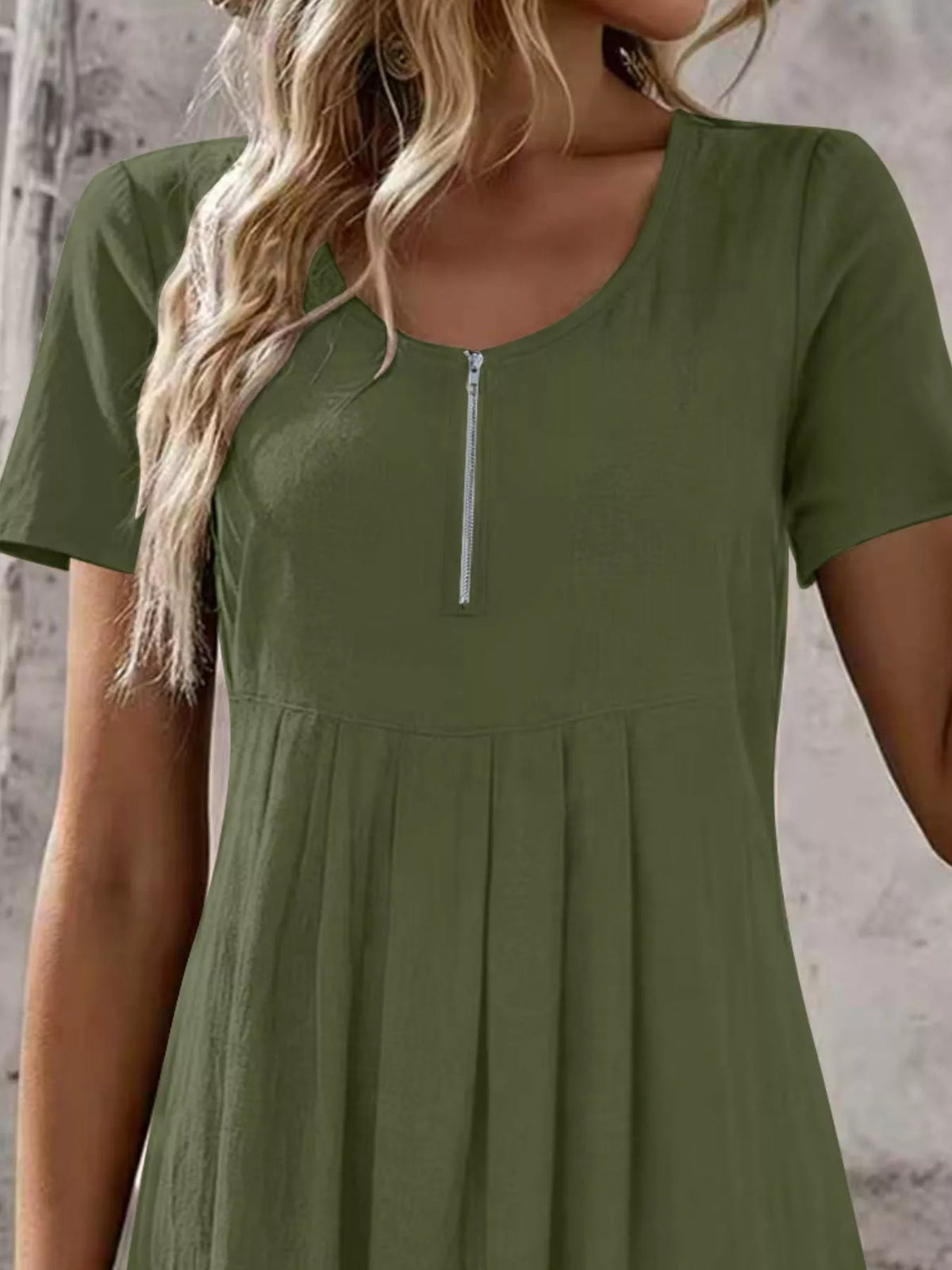 Trendsi Zipper-Front Short Sleeve A-Line Dress -