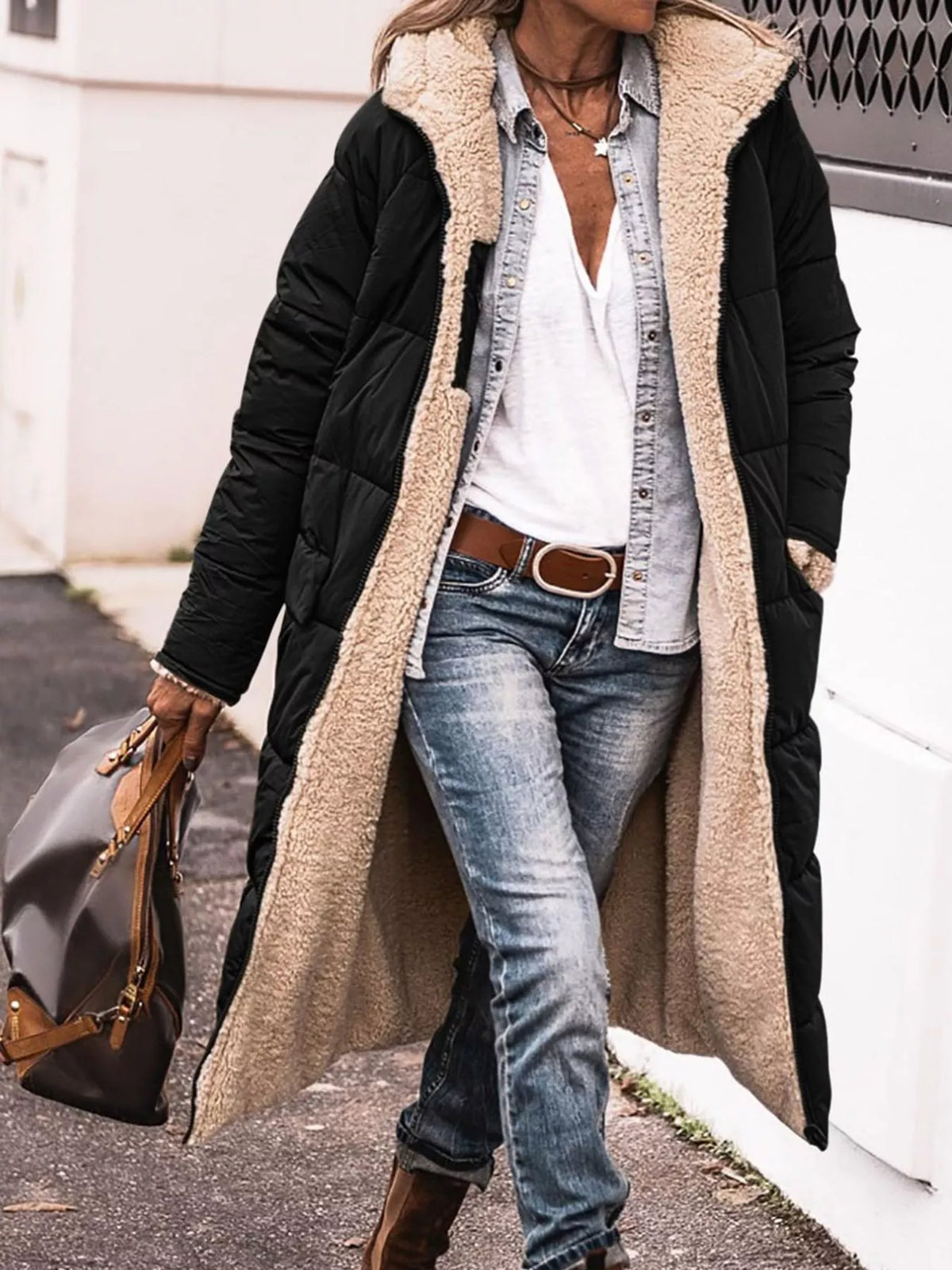 Black longline sherpa-lined hooded puffer coat