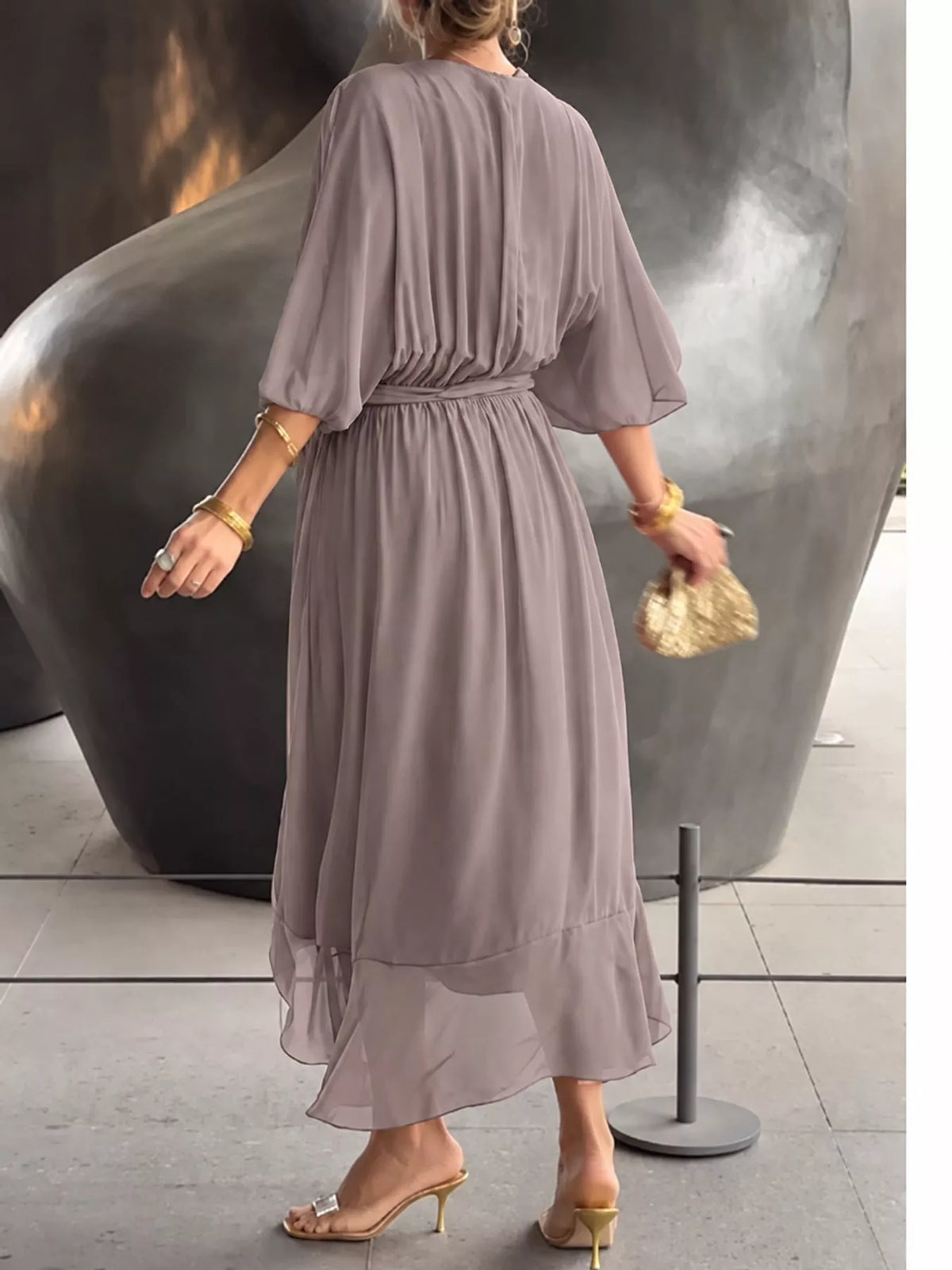 Gray batwing sleeve wrap dress with waist tie, back view