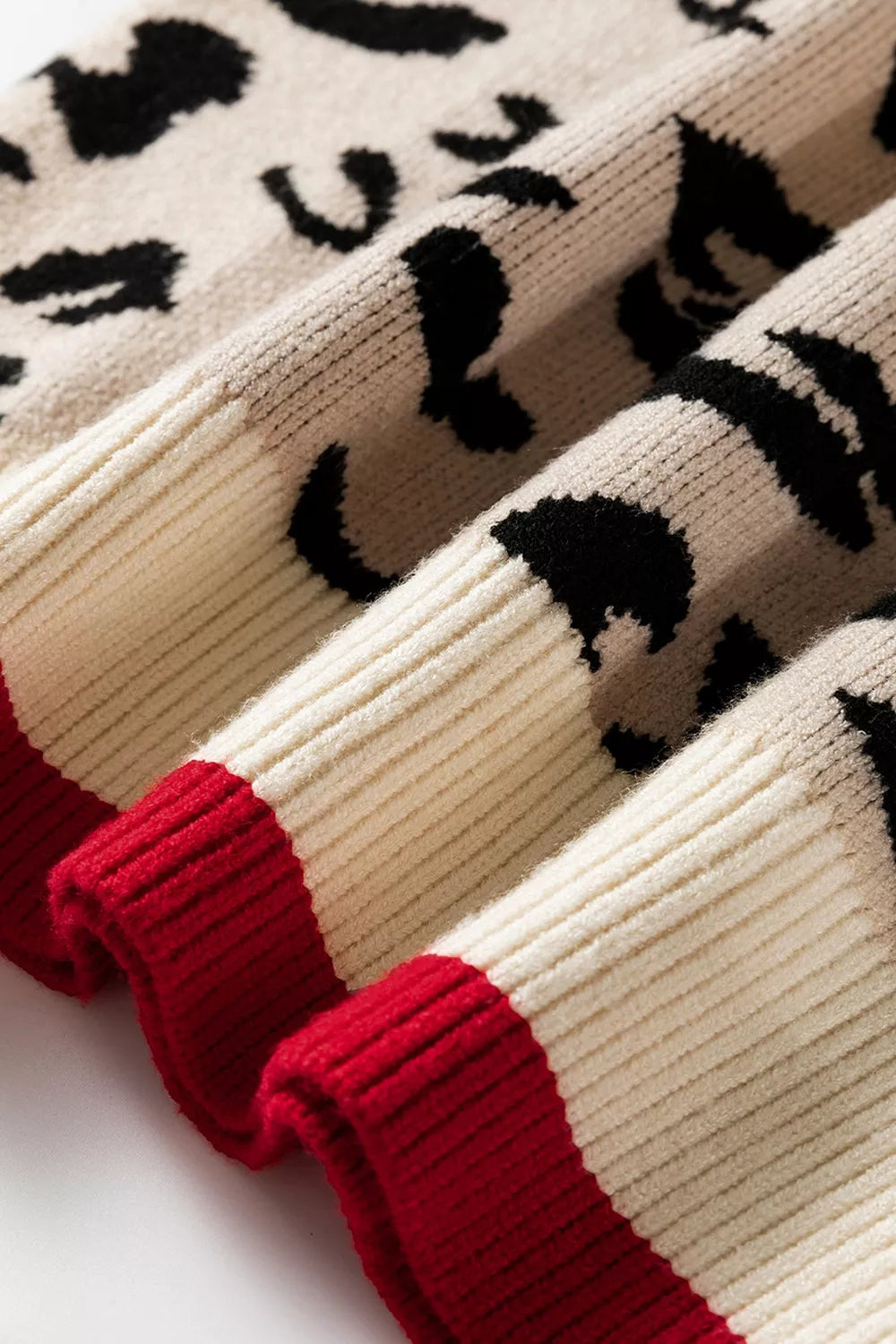 Trendsi Leopard Pattern V-Neck Contrast Rib Knitted Sweater -