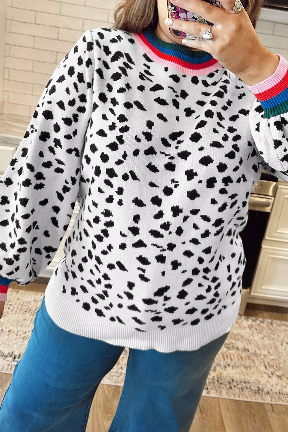 Women's leopard colorblock long sleeve tunic sweater, plus size