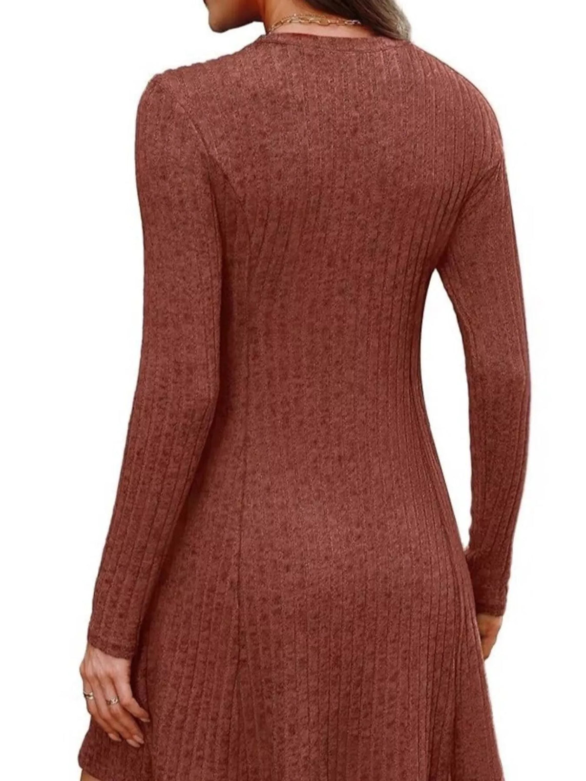 Rust ribbed knit dress, back view