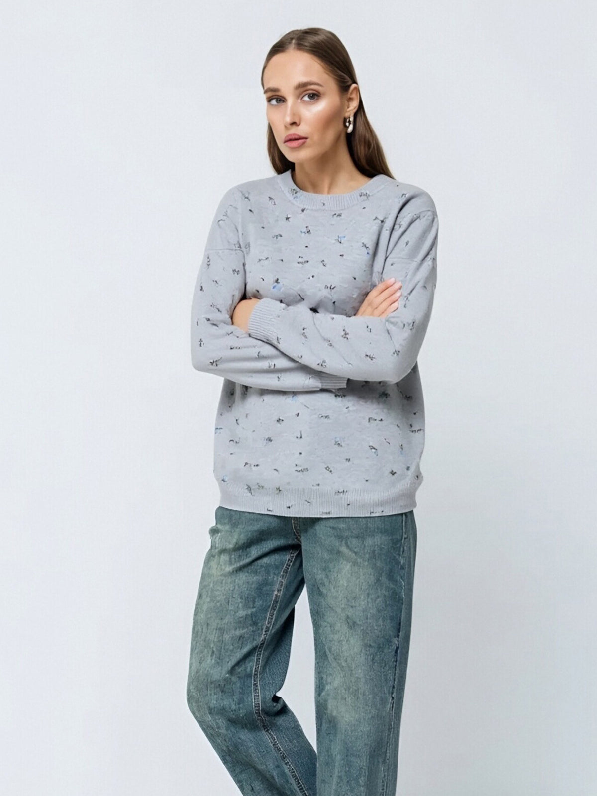 Gray floral dropped-shoulder oversized sweater, full front view.