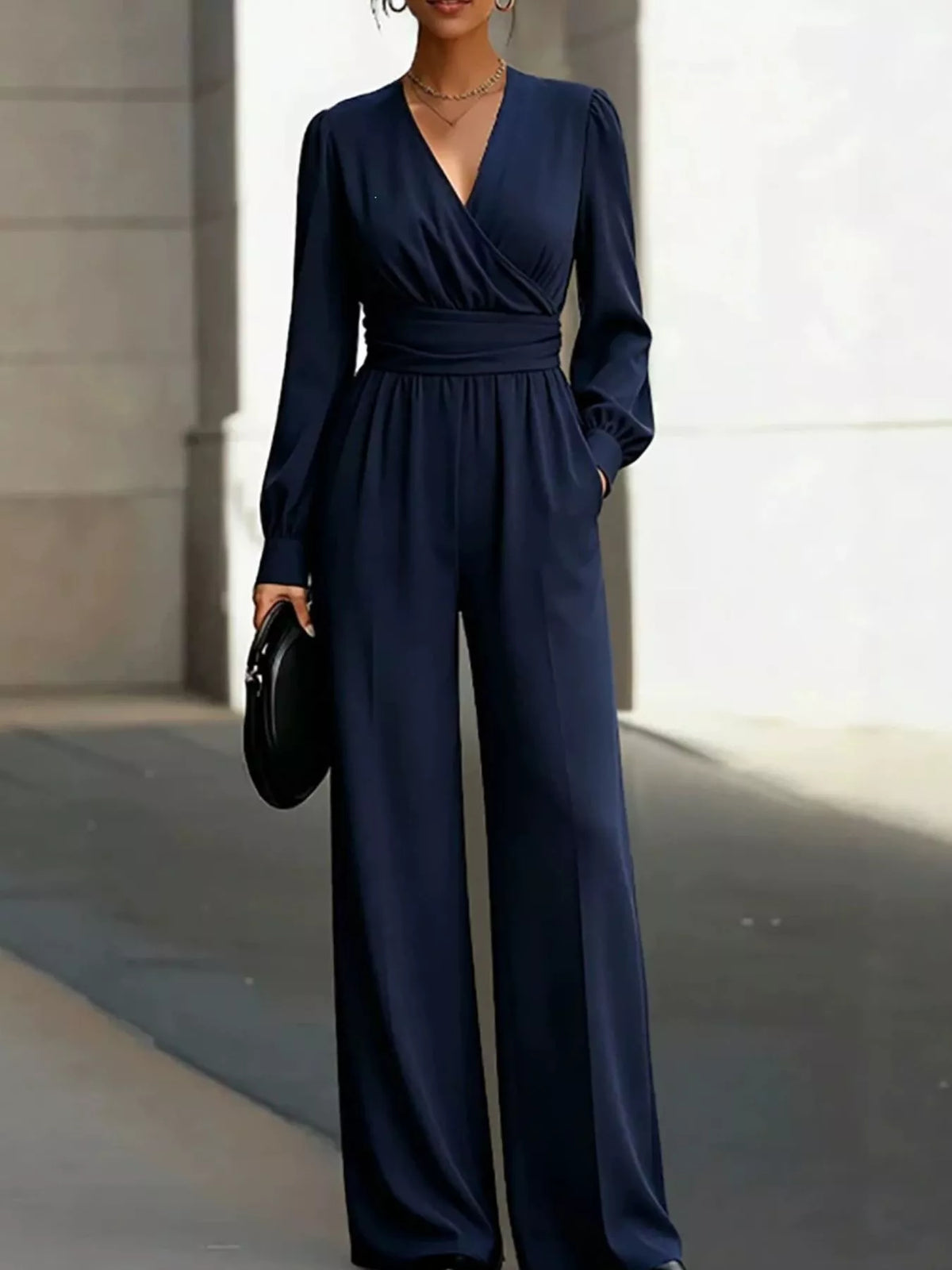 Surplice Long Sleeve Wide-Leg Jumpsuit in navy, front view