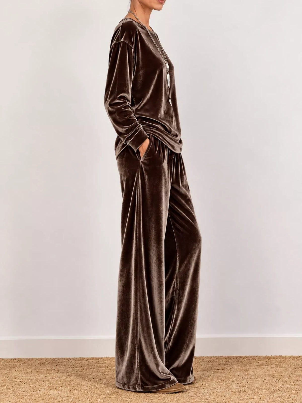 Velvet Long Sleeve Top and Wide-Leg Pants Set — side view