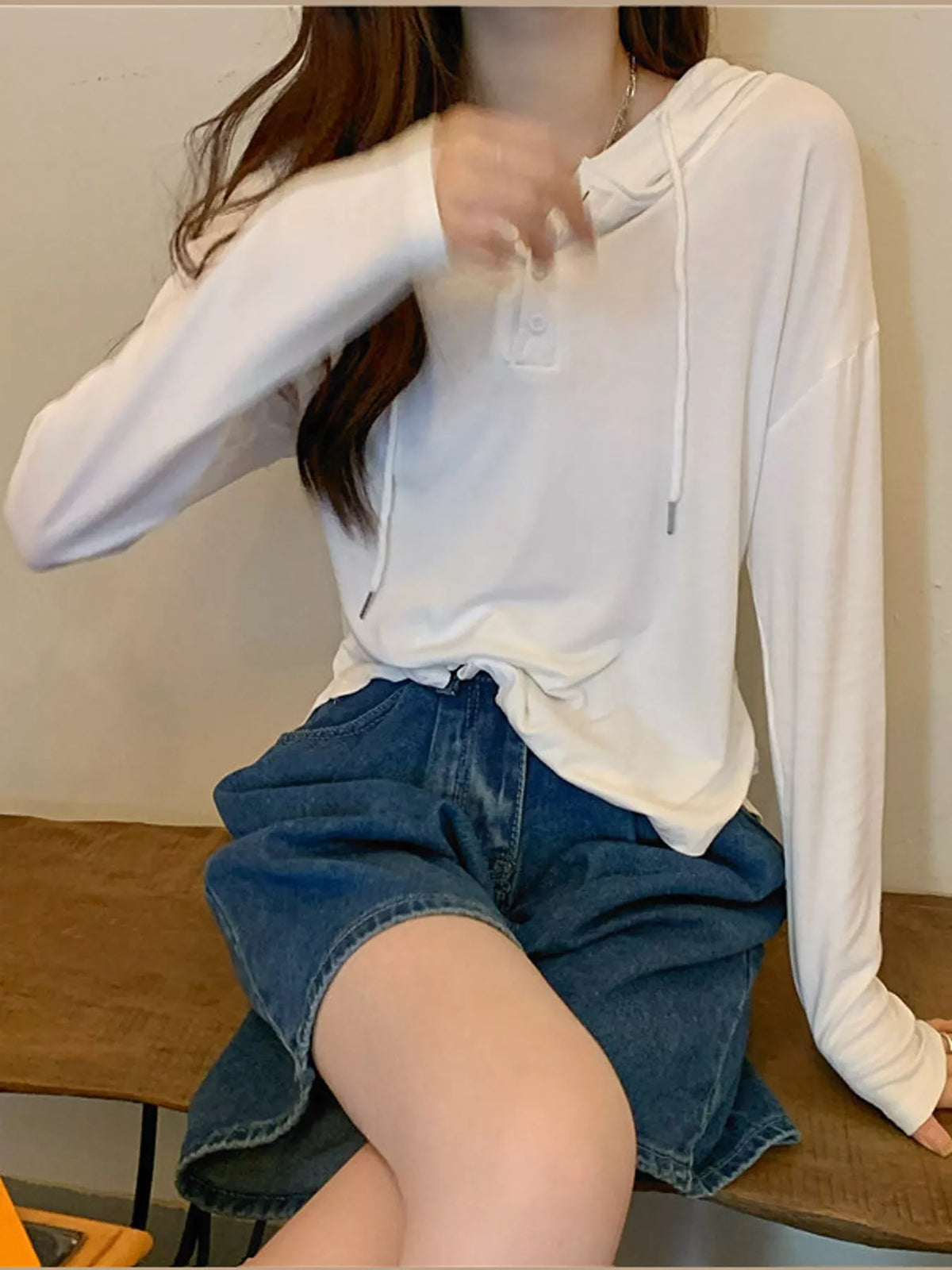 Long-Sleeve Hooded Henley T-Shirt — front view