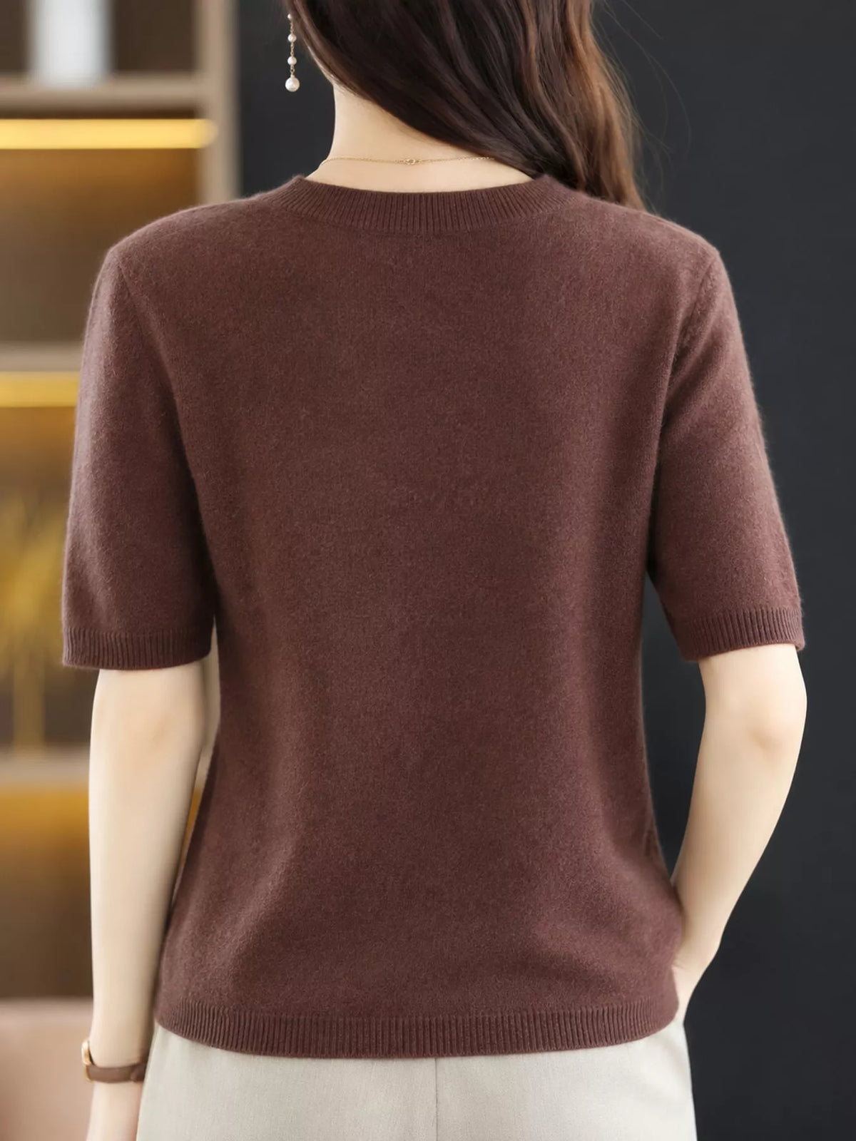 Coffee round neck short-sleeve sweater, back view