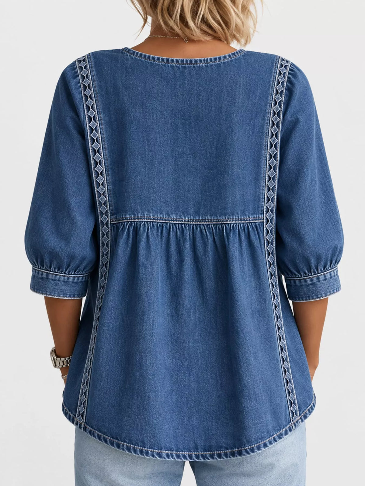 Navy square neck embroidered denim blouse, back view