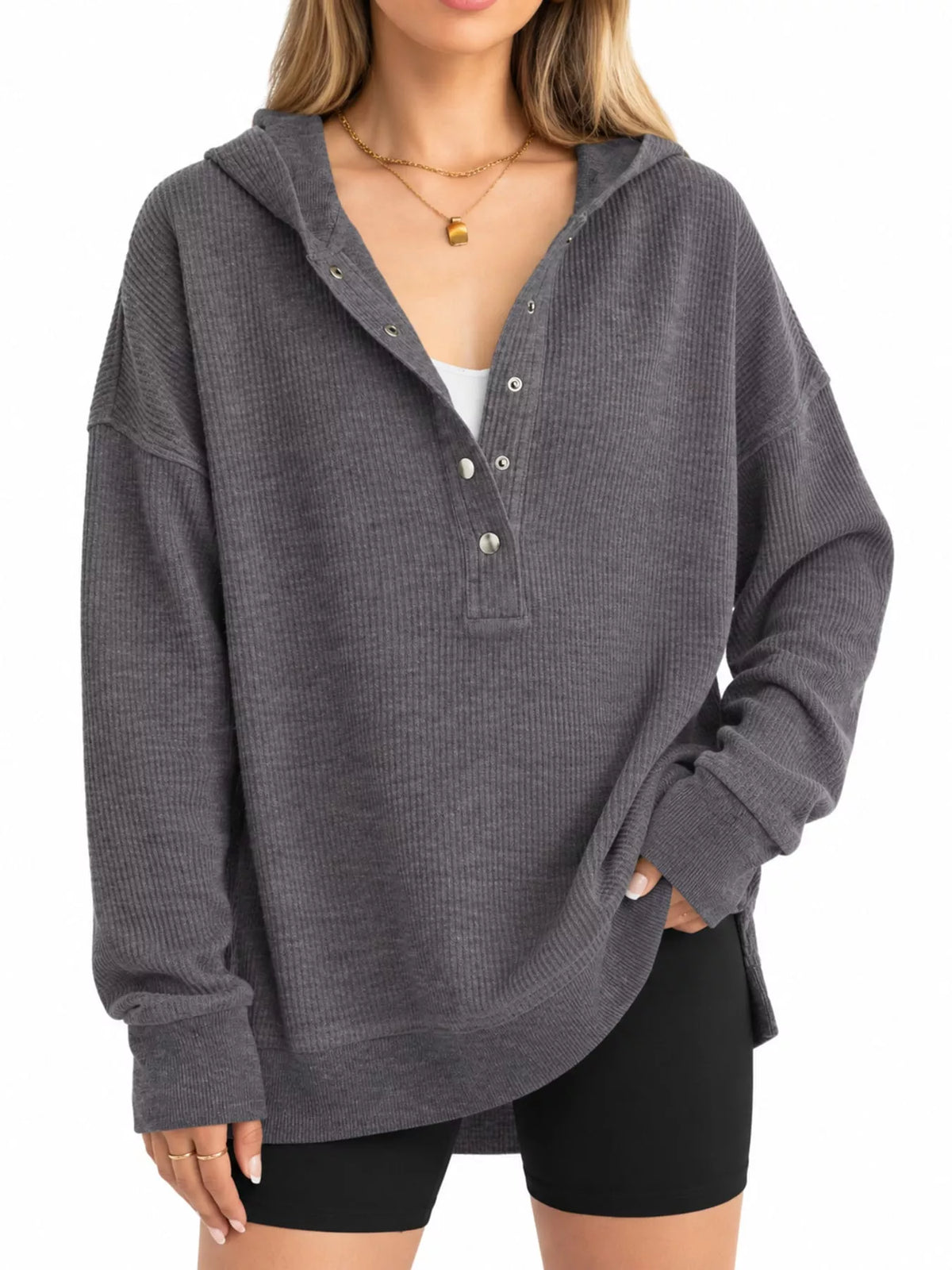 Women's Snap Button Placket Dropped Shoulder Hoodie in gray — front view