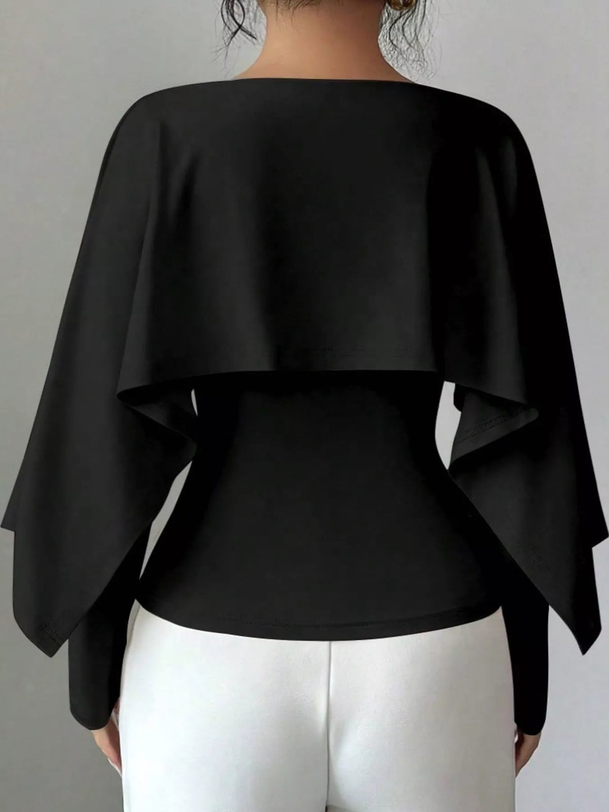 Layered Cape-Style Blouse with Slim-Fit Bodice — back view