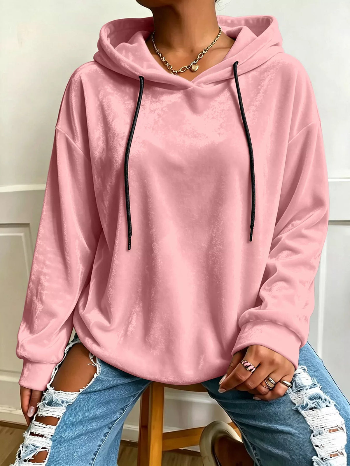 Pink velvet drawstring hoodie
