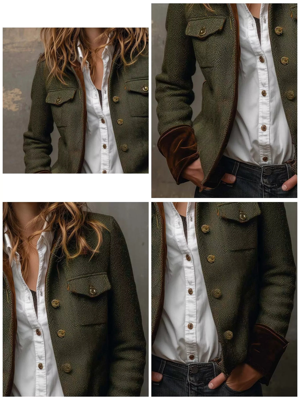 Green herringbone tweed blazer with velvet cuffs, front buttons, flap chest pockets, and contrast cuffs