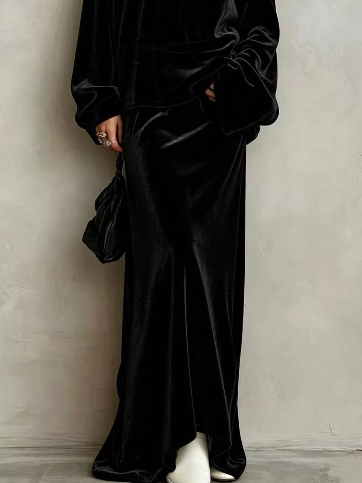 V-Neck Velvet Long Sleeve Top and Maxi Skirt Two-Piece Set in black, skirt detail