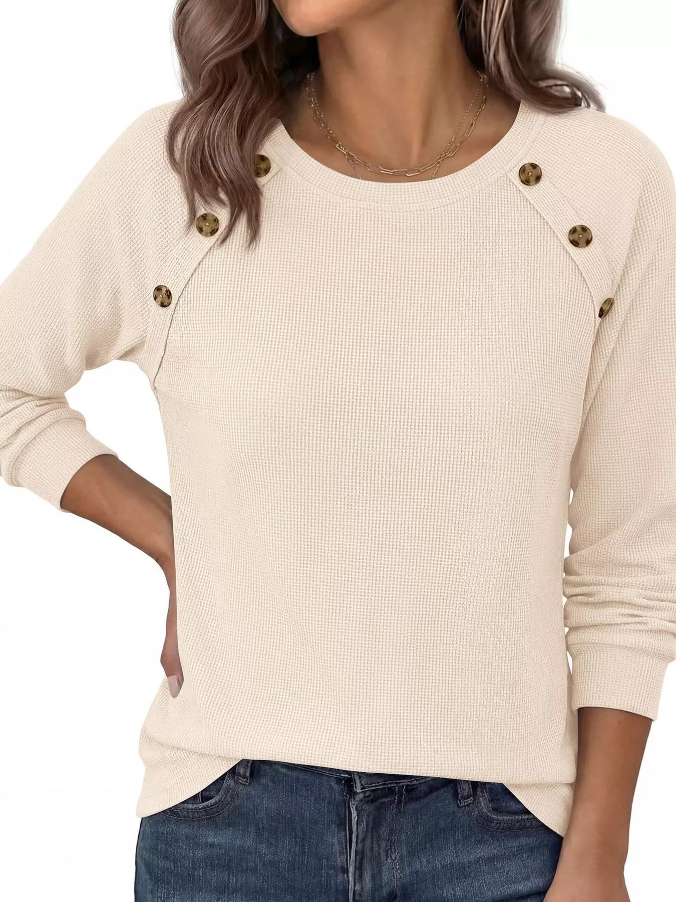 Trendsi Decorative Button Waffle Knit Long Sleeve T-Shirt -