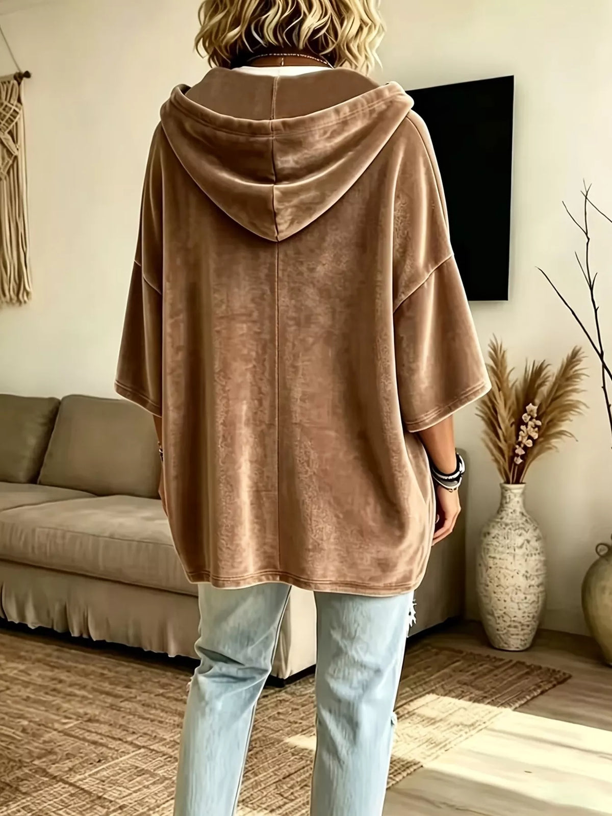 Trendsi Full Size Velvet 3/4 Sleeve Hoodie with Kangaroo Pocket Plus Size -