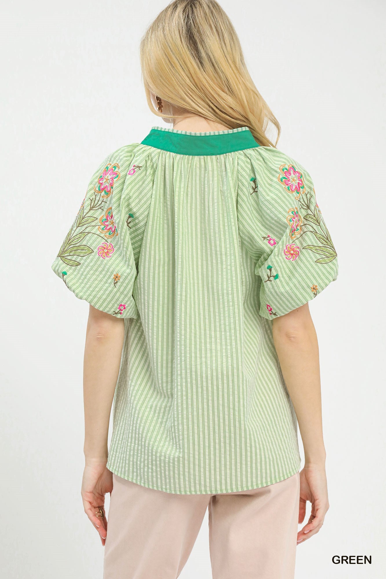 Women's Striped V-Neck Top With Floral Embroidery and Button Placket — product view 3