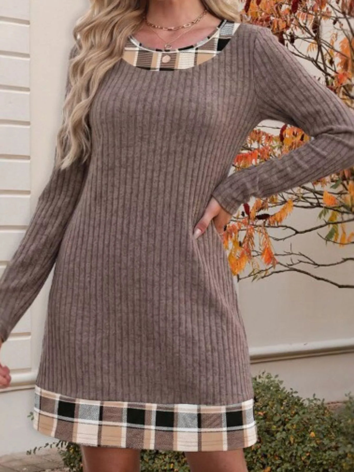 Round neck long sleeve mini dress, front view on model