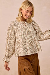 Trendsi BiBi Floral Printed Peplum Blouse with Shirring and Tied -