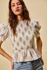Trendsi SO ME Floral Cotton Smocked Short Sleeves Blouse -