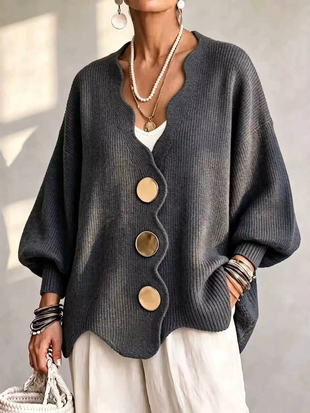 Women's Scalloped-Edge Oversized Button-Down Cardigan in Black, front view