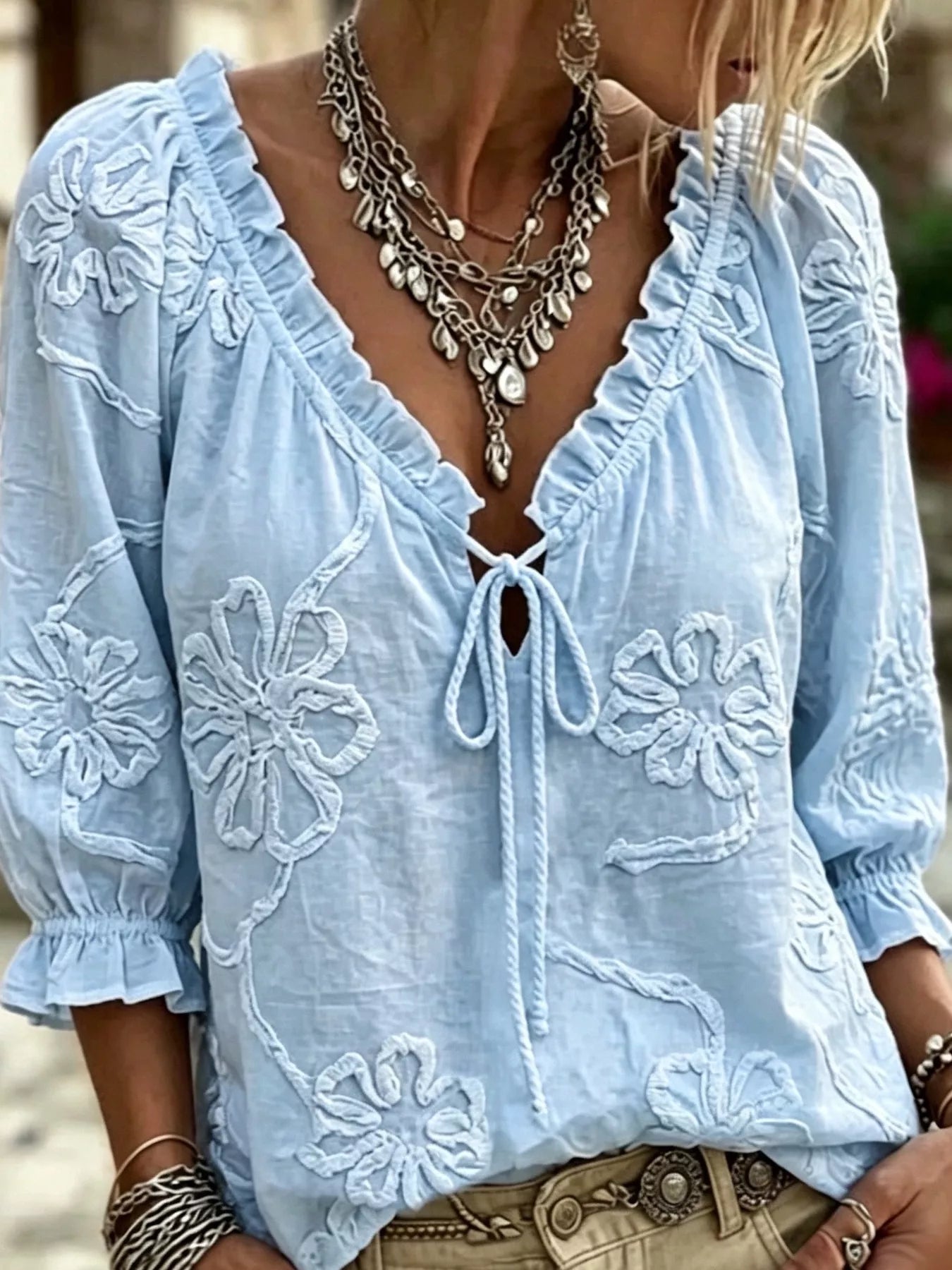 Trendsi Full Size Flower Tie Front 3/4 Sleeve Blouse Plus Size -