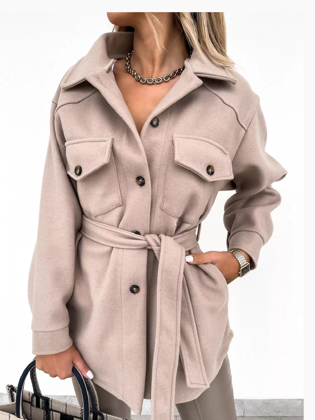 Belted Button-Down Shirt Jacket — front view