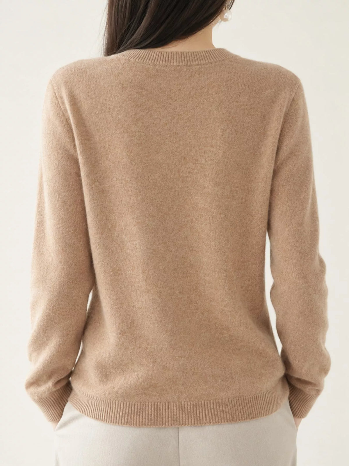 Camel crew neck button-front cardigan, back view