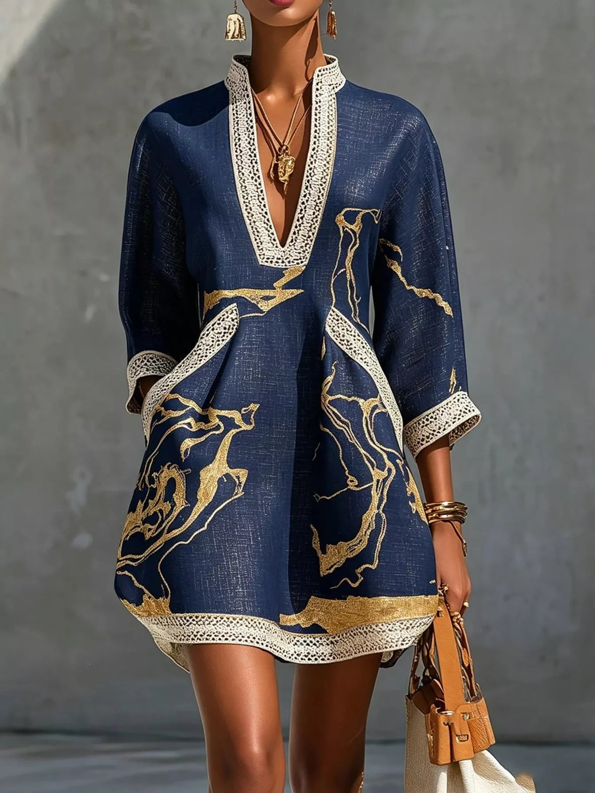 Navy notched 3/4 sleeve mini dress