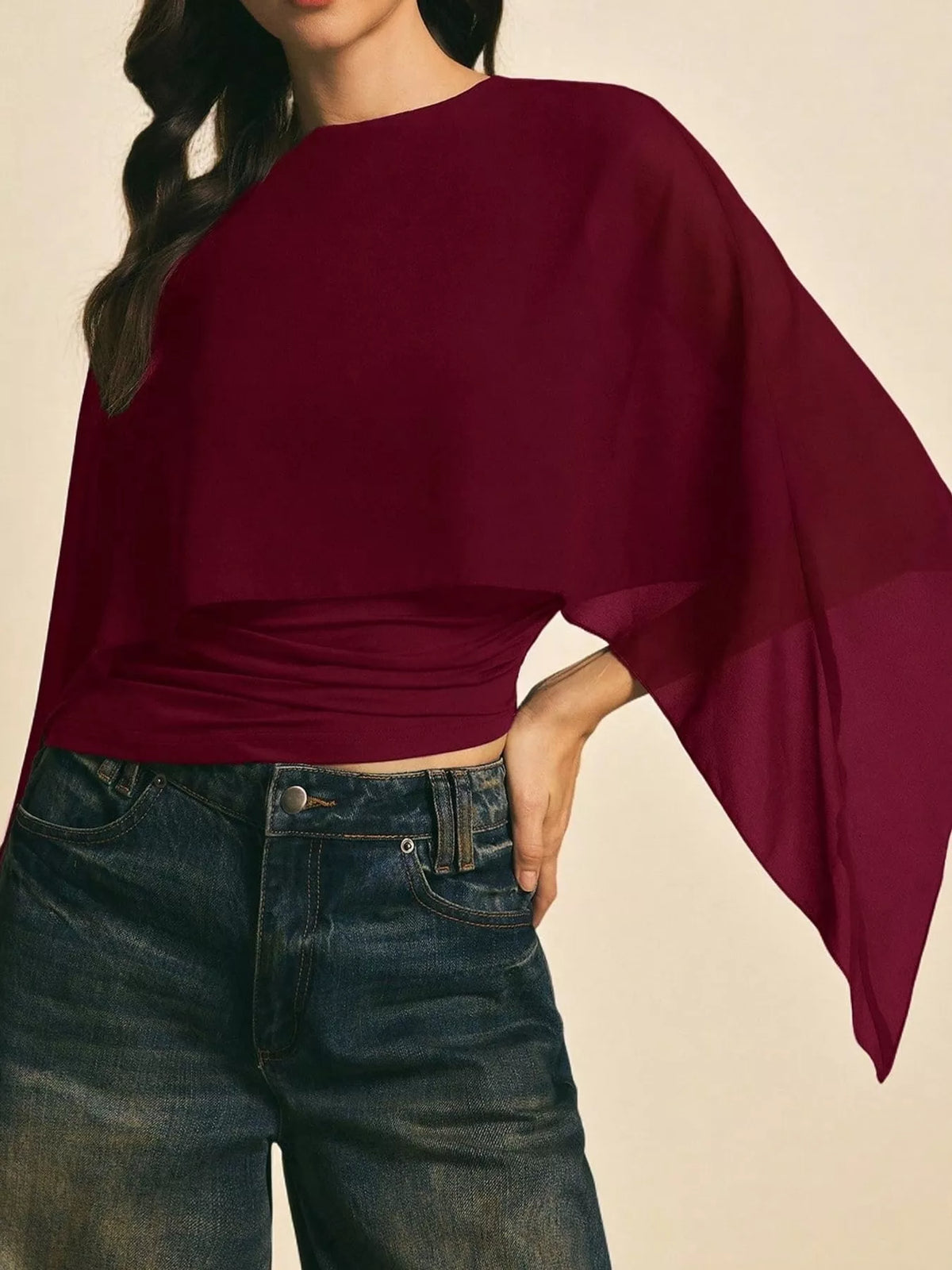 Burgundy cape sleeve round neck blouse