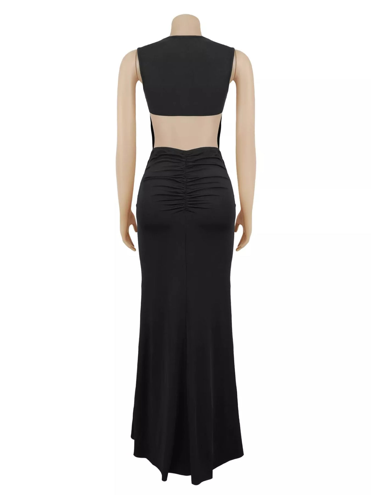 Black sleeveless buckle-detail bodycon maxi dress, back on mannequin showing waist cutout.