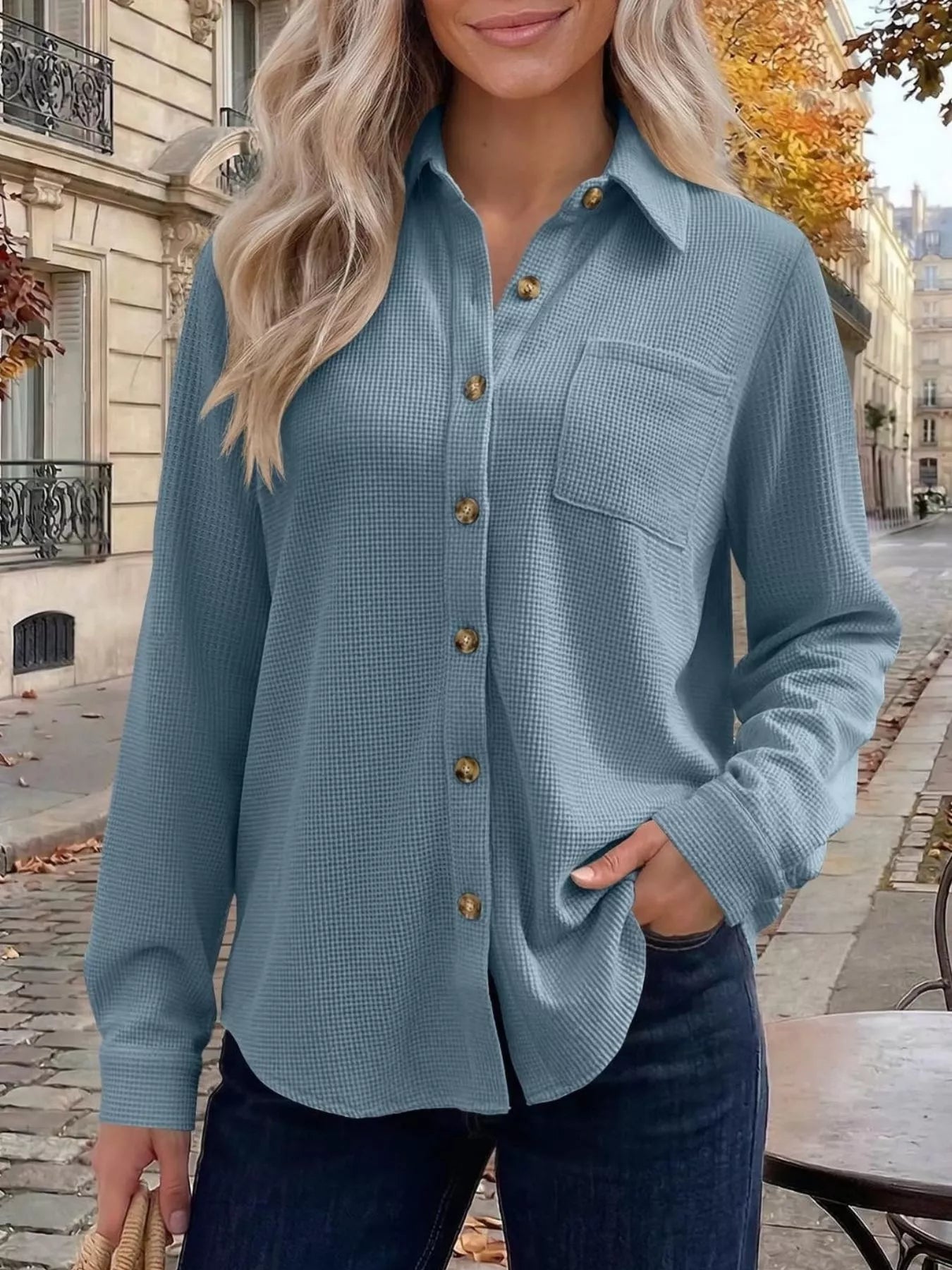Trendsi Waffle Knit Button-Down Long Sleeve Shirt -