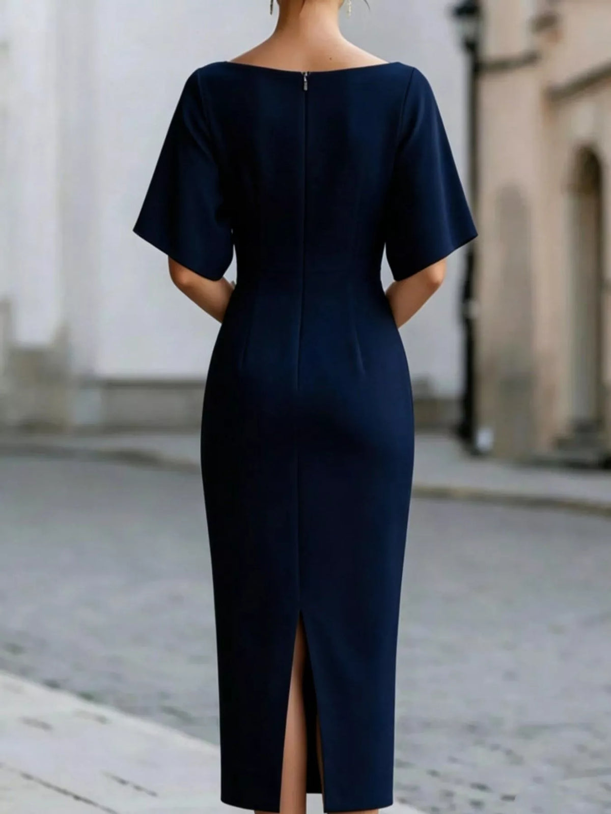 Boat neck short sleeve midi dress, back view