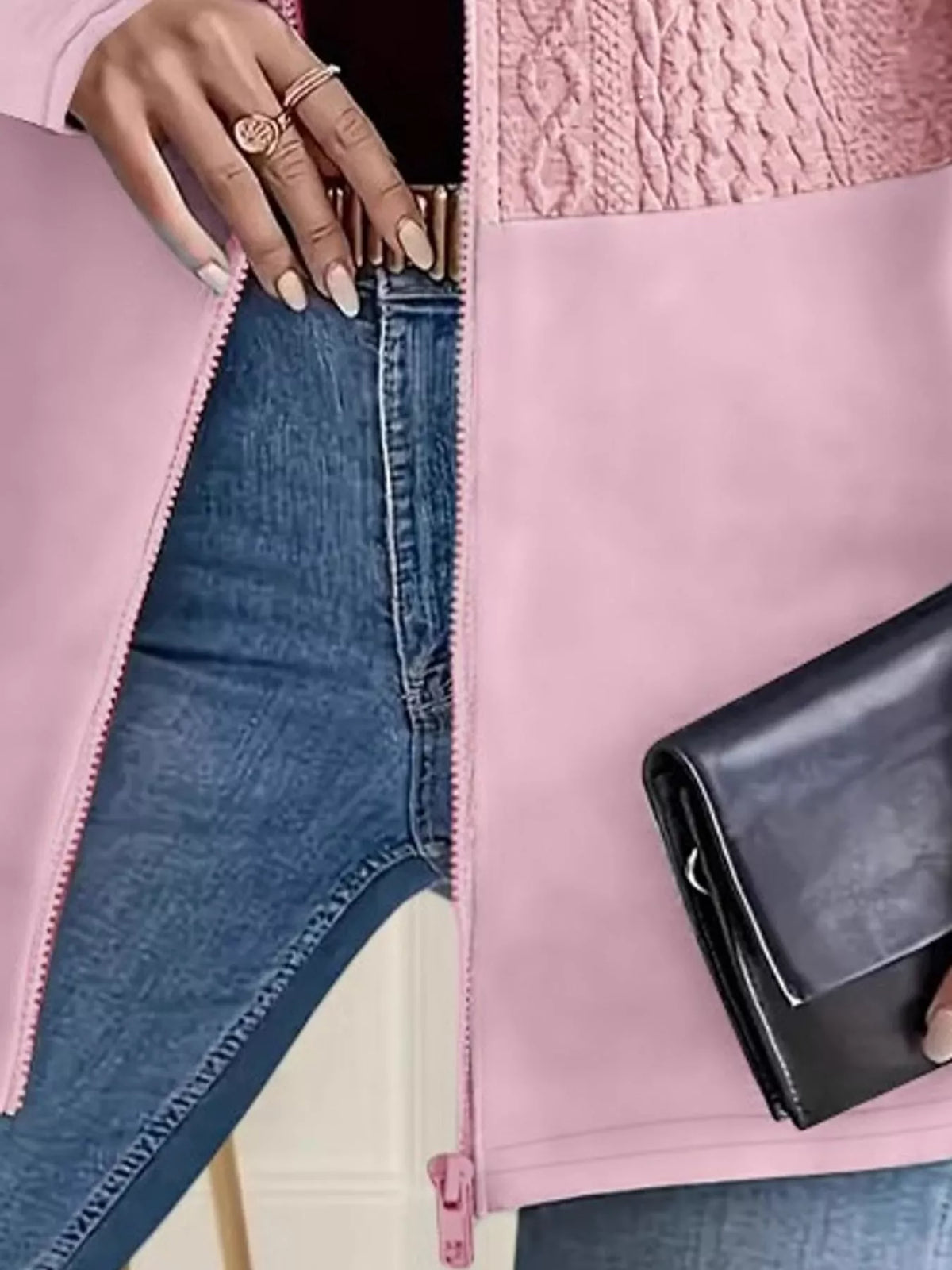 Textured hooded jacket, pink pocket detail
