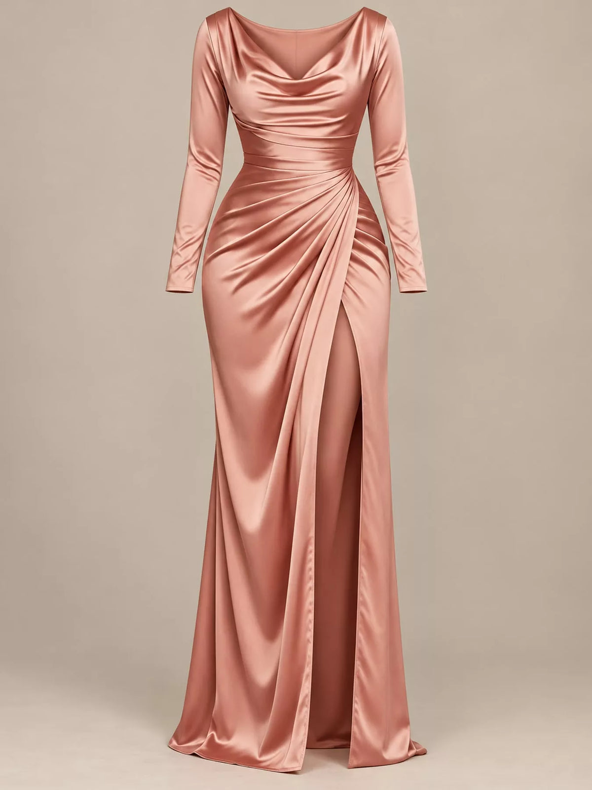 Rose gold satin cowl neck high slit maxi dress, front view