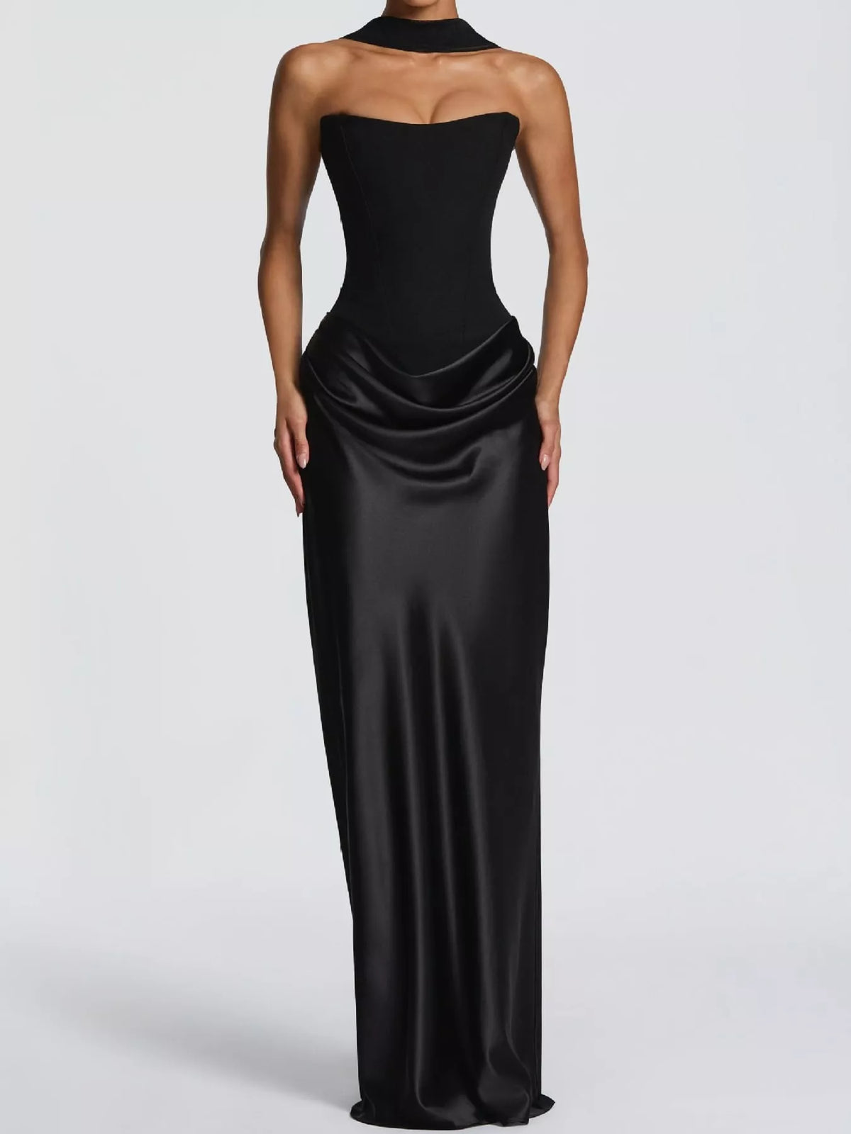 Sweetheart neck strapless maxi dress, front view on model