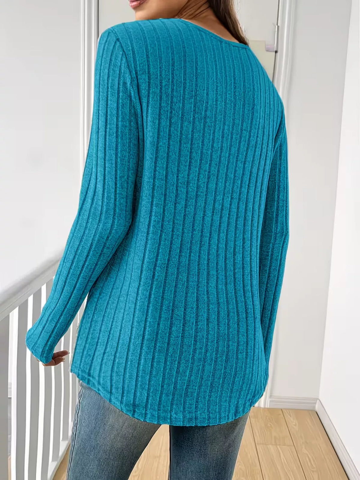 Women's Ribbed Knit Long Sleeve T-Shirt in blue — back view