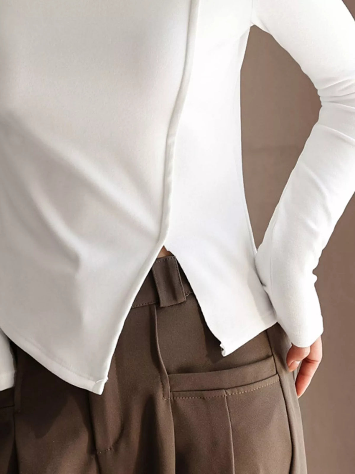 White mock neck long sleeve t-shirt, back view