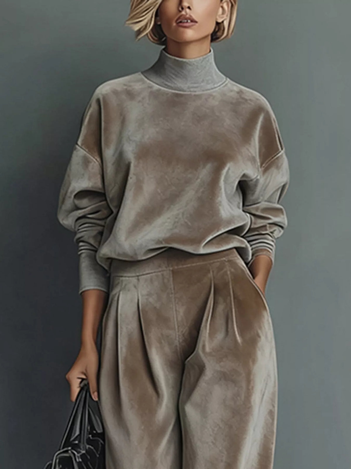 Taupe velvet mock-neck top and wide-leg pants set, top and waist detail.