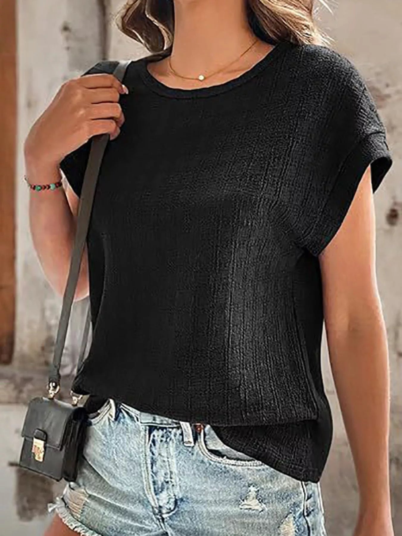 Trendsi Textured Round Neck Short Sleeve Top -