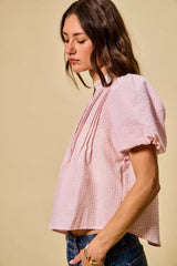 Trendsi SO ME Gingham Lace Trim Button Bubble Sleeves Blouse -
