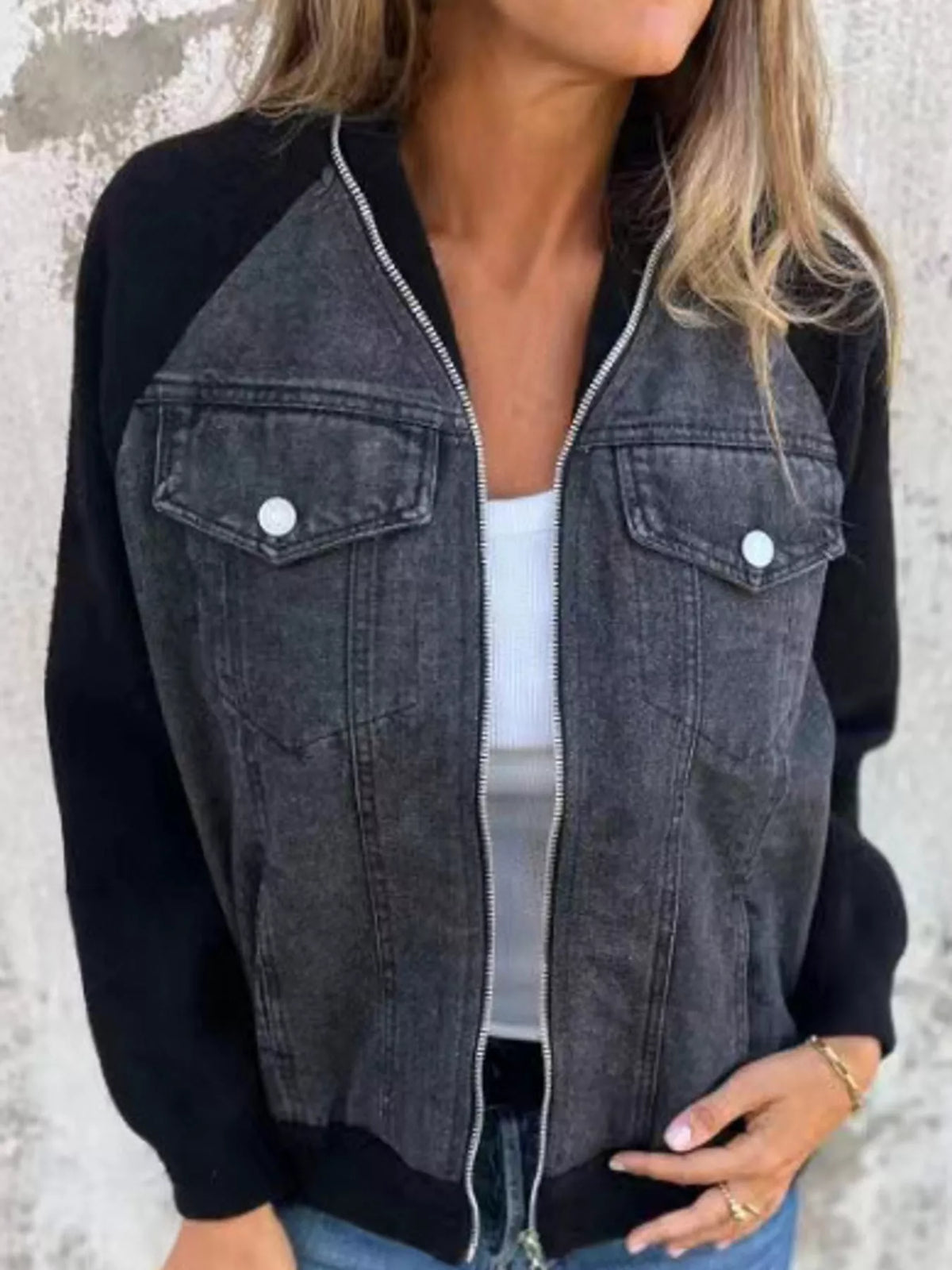 Contrast-Sleeve Zip-Up Denim Jacket — front view