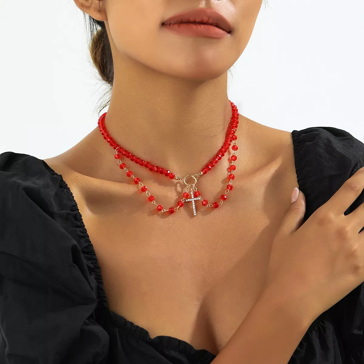 Trendsi Halloween Beaded Cross Pendant Necklace -