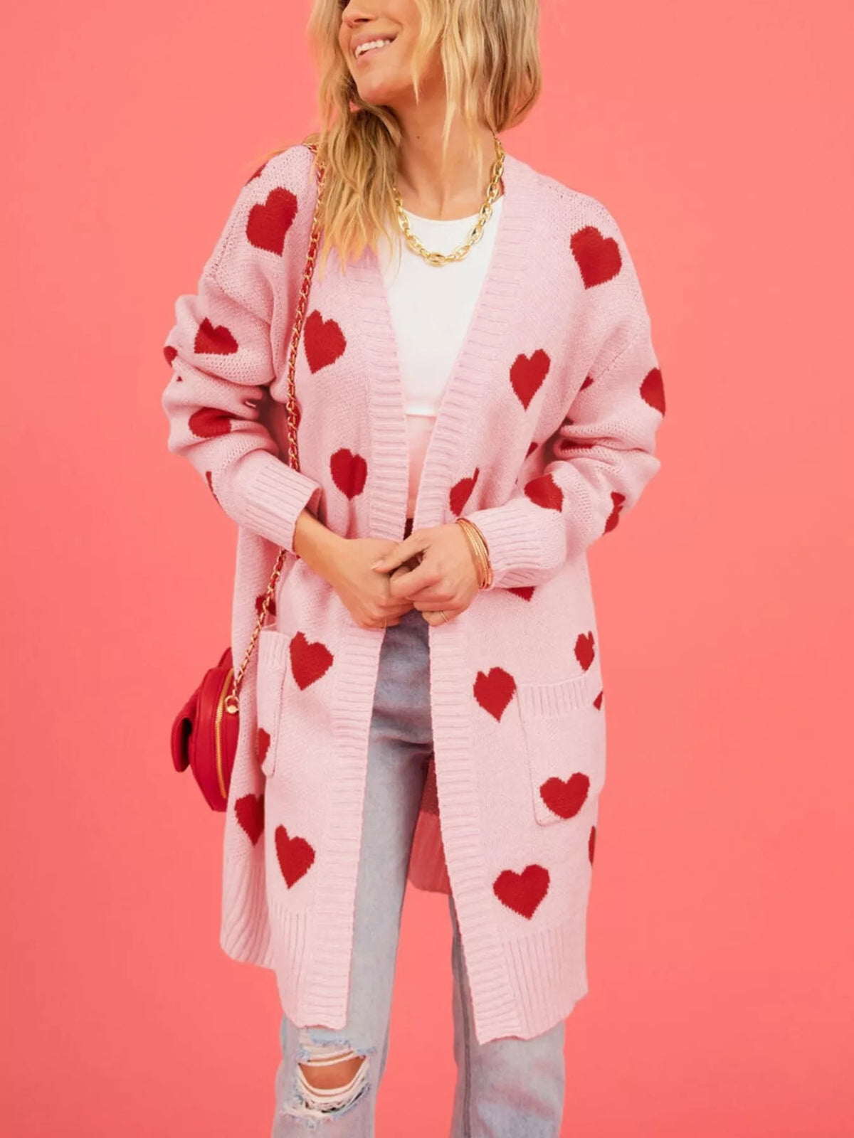 Trendsi Heart Pattern Open Front Longline Cardigan -