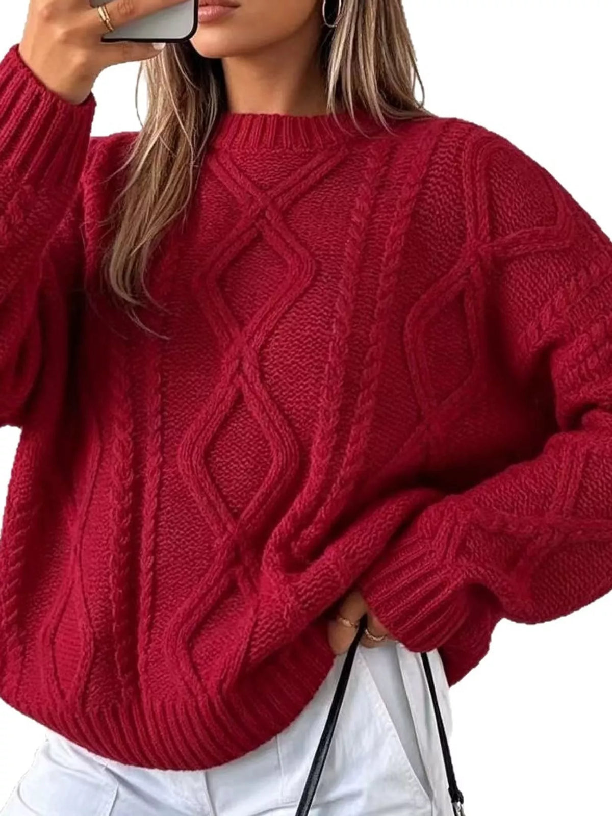 Red cable-knit round neck sweater