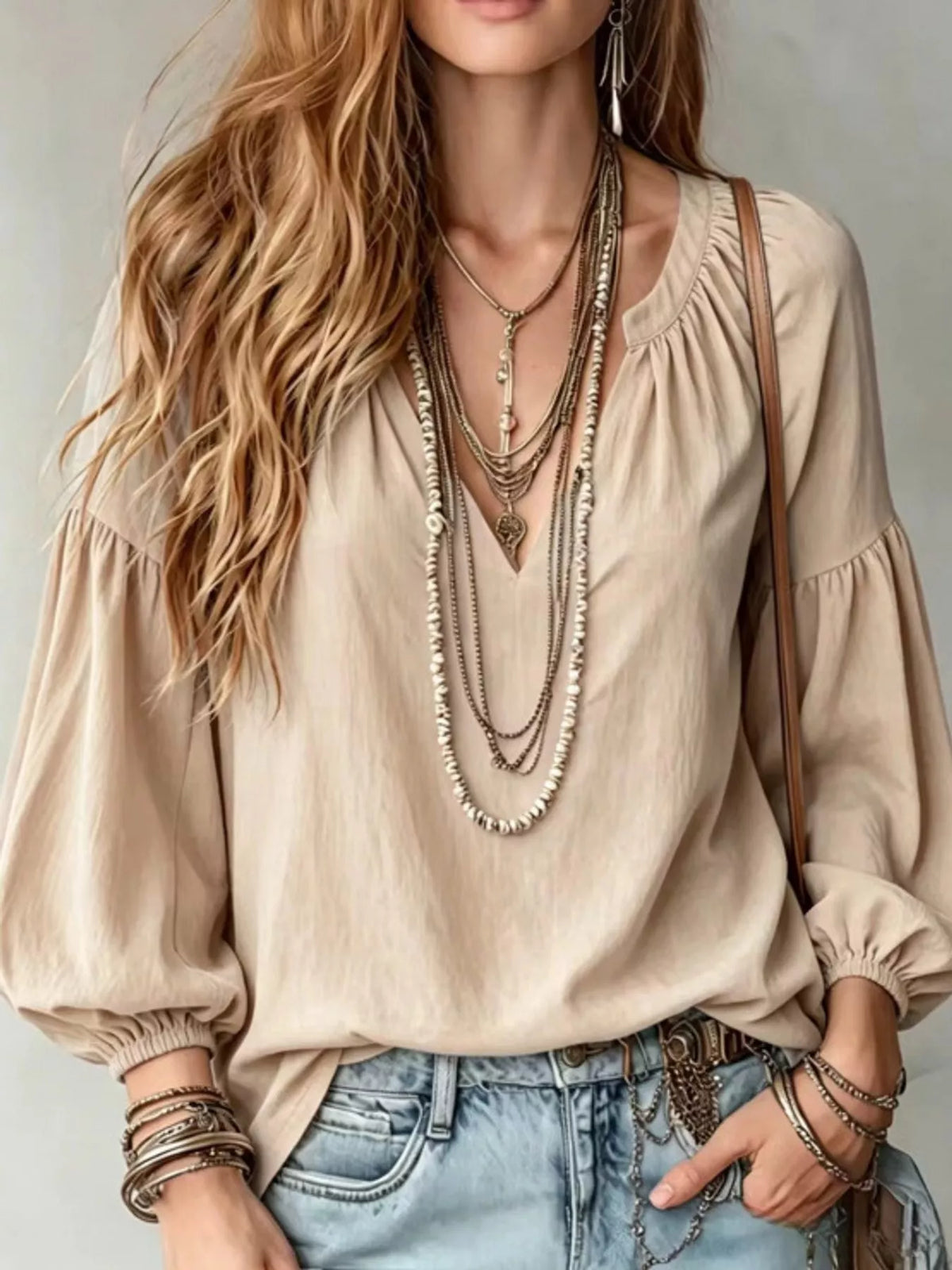 Notched Balloon Sleeve Blouse in beige, front view