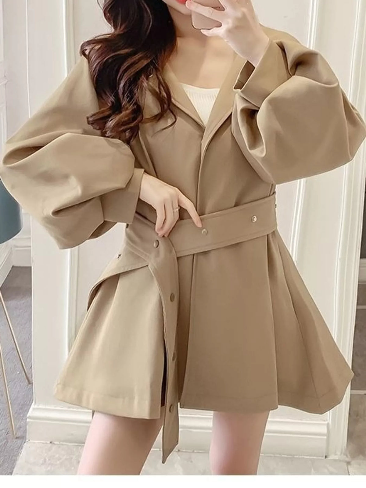 Khaki lantern sleeve hooded belted jacket