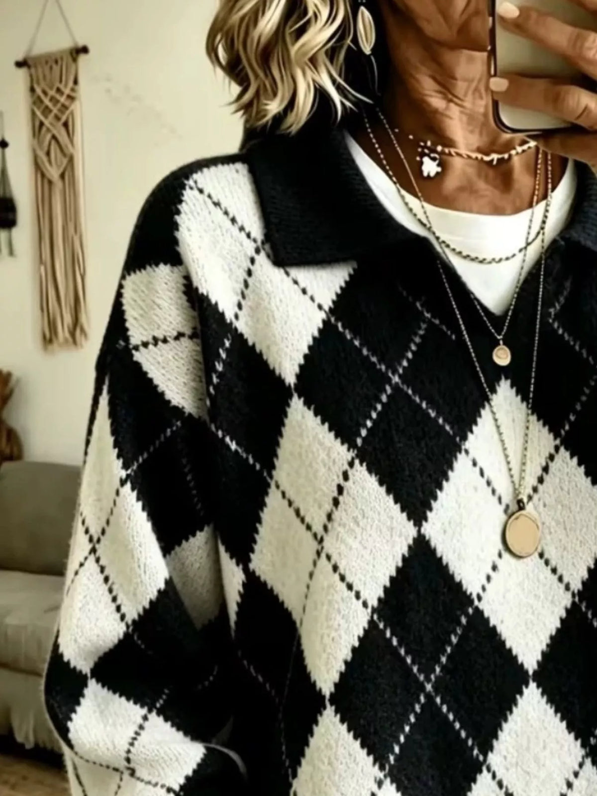 Women's Argyle Pattern Polo Collar Sweater in black and white — neckline detail view