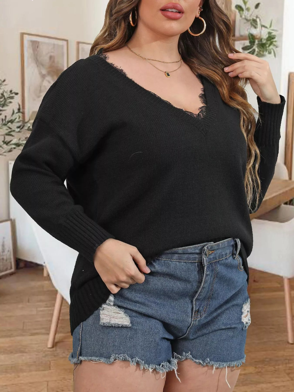 Trendsi Plus Size Lace Trim V-Neck Sweater -