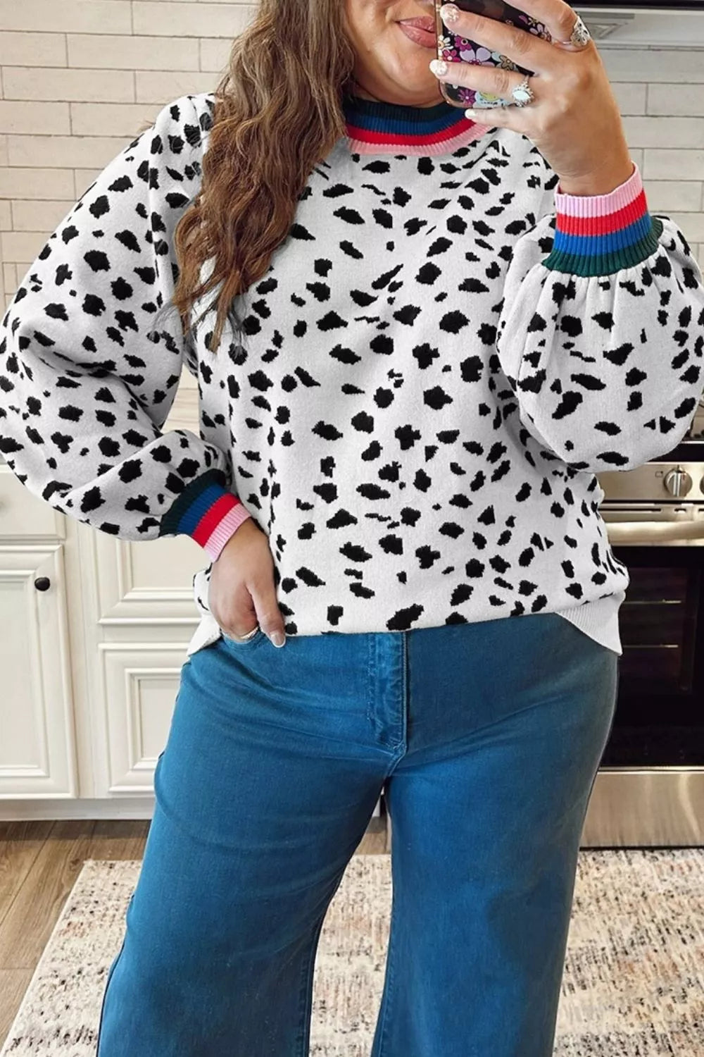 Women's leopard colorblock long sleeve tunic sweater, plus size